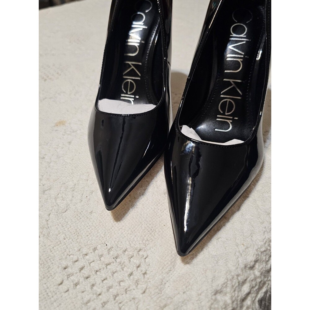 Calvin Klein Black Patent Leather Pointed Toe Pumps Heels Size 6.5 M Silver CK - Picture 5 of 10